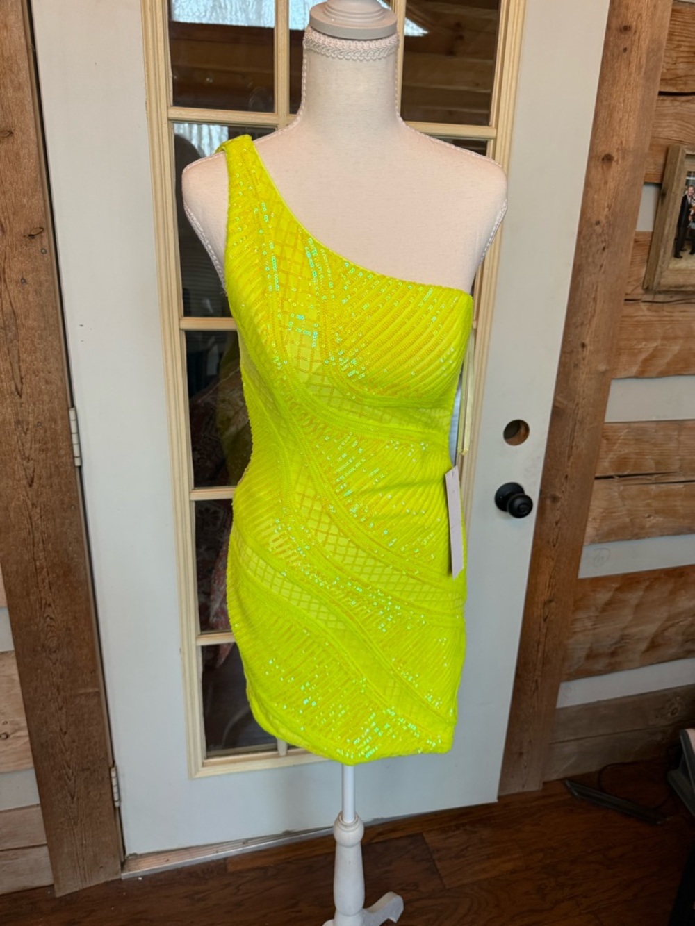 Jovani Neon Yellow One-Shoulder Sequin Dress 4 sample